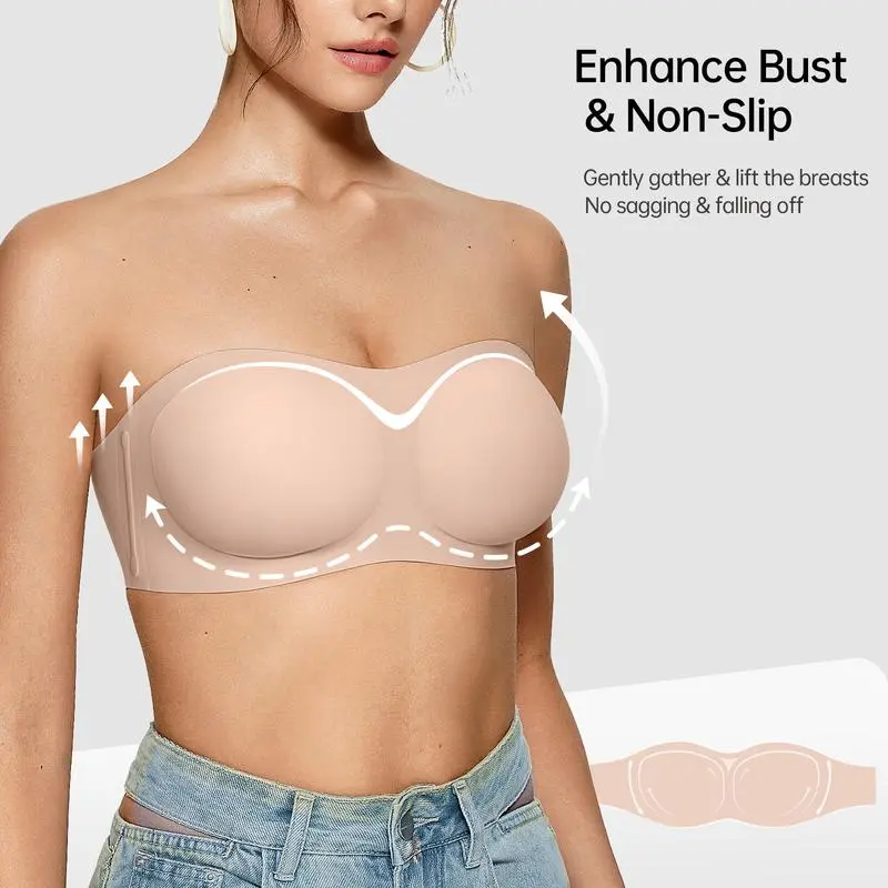 Women's Strapless Bandeau Tube Bra – Wireless, Seamless, Padded, Non-Slip, Comfortable Support for Everyday Wear
