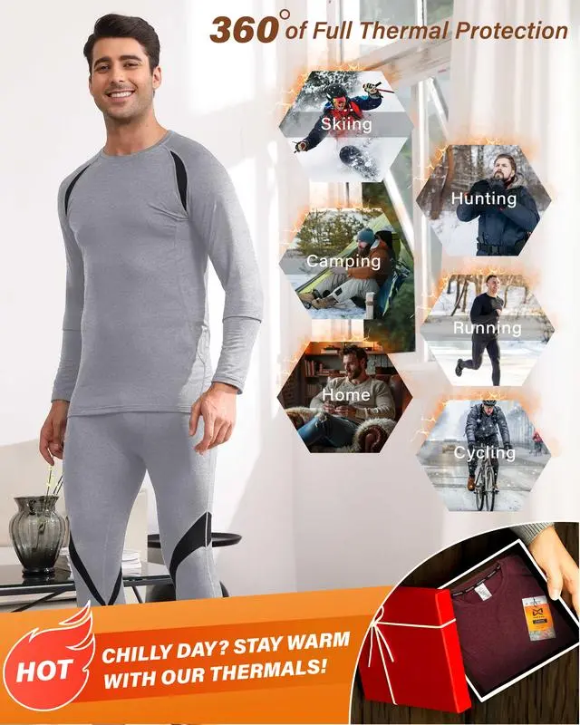 Men's Thermal Top & Bottom Set Underwear Long Johns Base Layer with Soft Fleece Lined Fabric for Athletic & Casual Wear