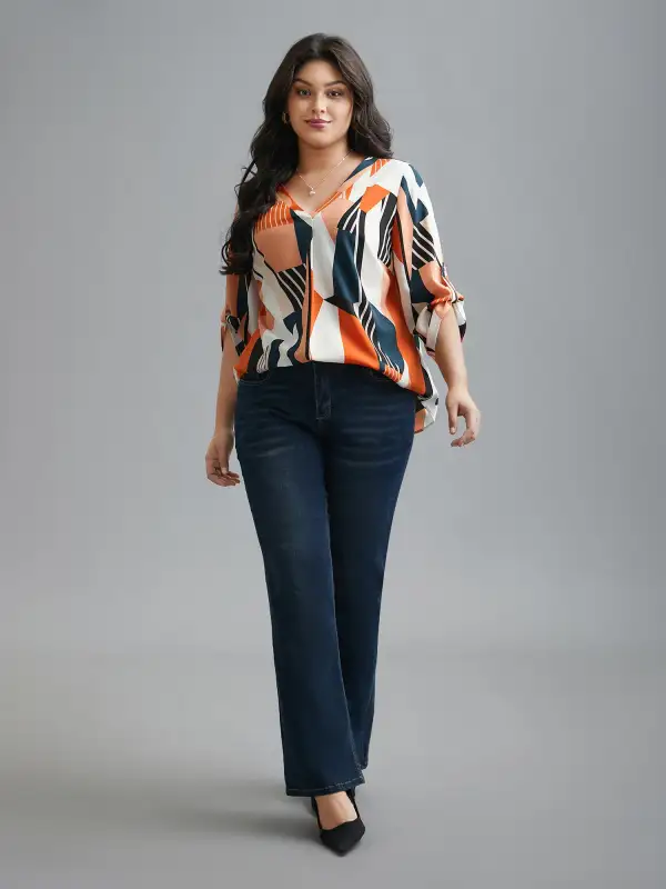 Abstract Print Tab Sleeve Blouse