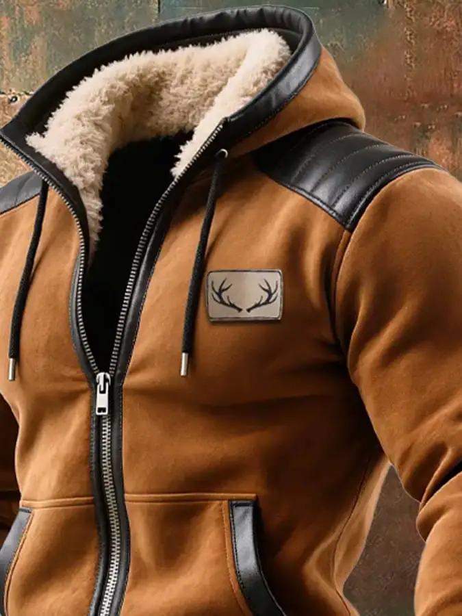 Men's Vintage Suede and Leather Hooded Warm Jacket