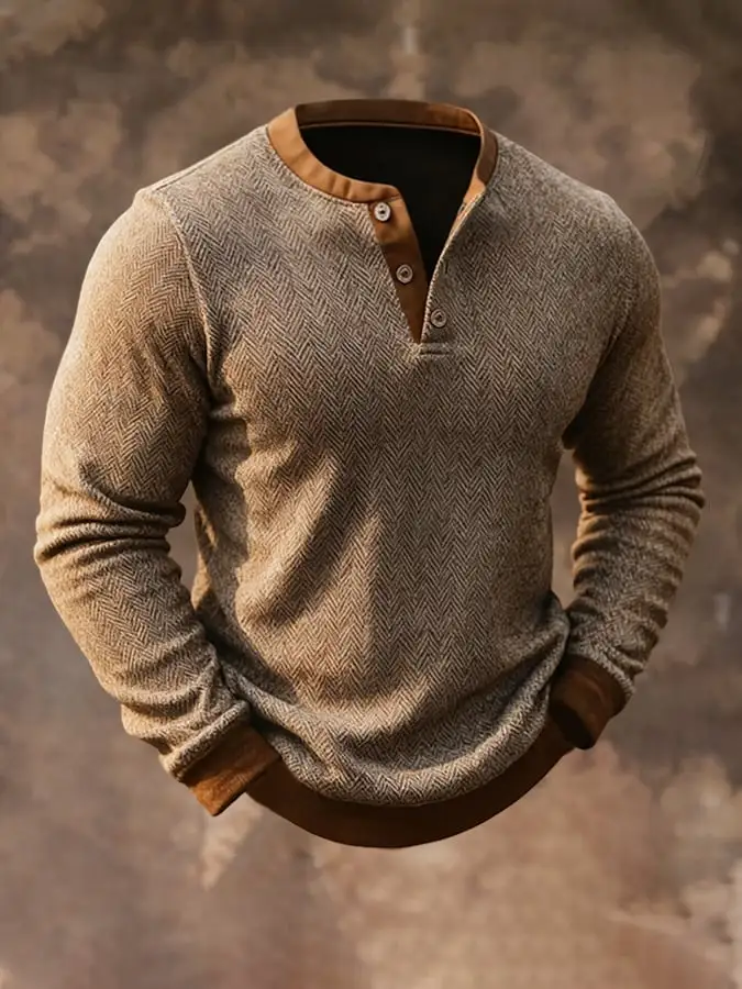 Men's Retro Herringbone Pattern Contrast Color Henley Collar Long Sleeve Sweatshirt