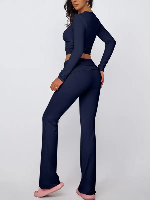 Women's Summer 2-Piece Set: Long-Sleeve Crop Tee + Fold-Over Waist Flare Leg Pants (Casual Elegant)
