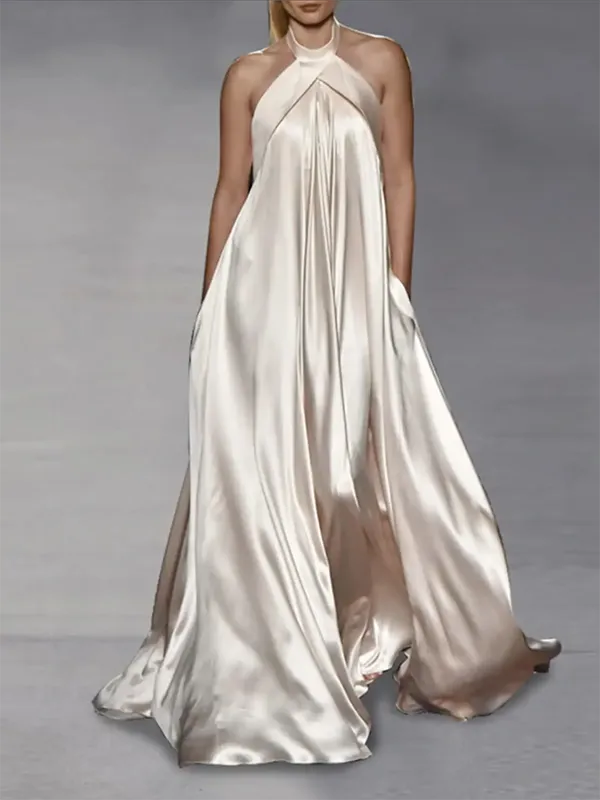 Loose Sleeveless Solid Color Halter-Neck Maxi Dresses
