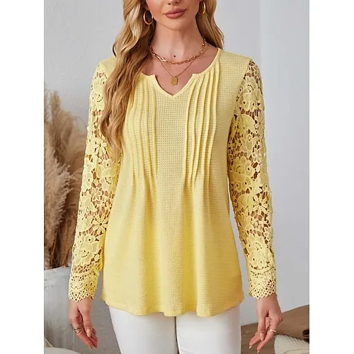 Women's Blouse Textured Ribbed Solid Color Eyelet Daily Elegant Stylish Puff Sleeve Long Sleeve