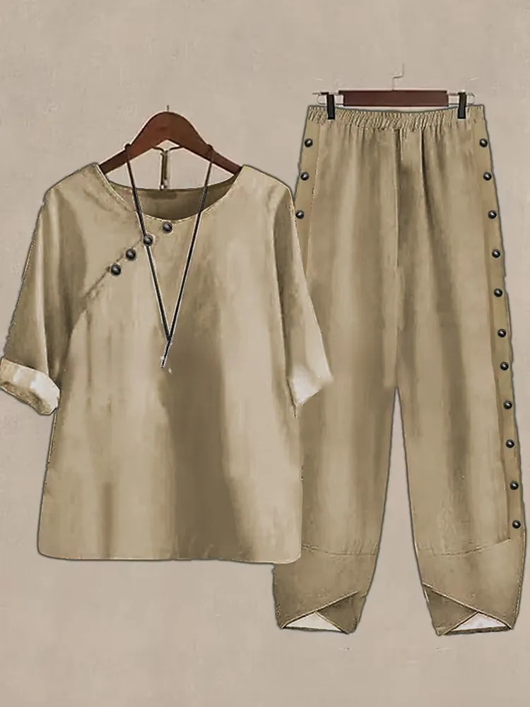 5/4 Sleeved Cotton Linen Top And Pants Two-piece Set