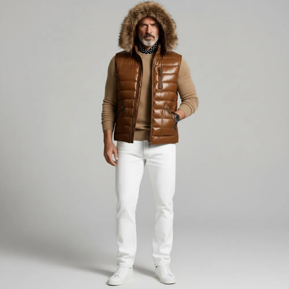 Men's Brown Zipper Pockets Sleeveless Furry Trim Hooded Quilted PU Leather Vest
