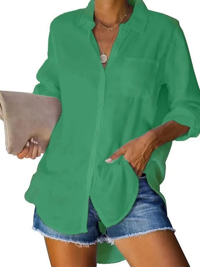 Women's Shirt Blouse Cotton Black White Pink Plain Button Long Sleeve Casual Basic Shirt Collar Regular Fit Spring Fall
