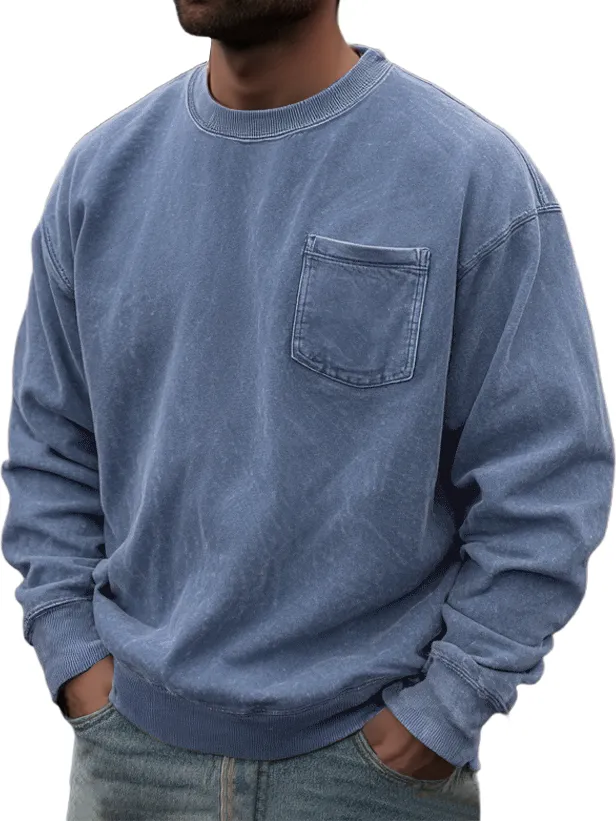 Men's Washed And Distressed Retro Casual Round Neck Pocket Basic Sweatshirt