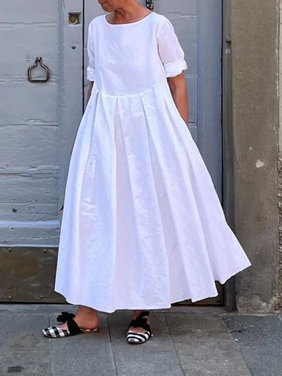 Women's Solid Color Pleated Long Sleeve Dress