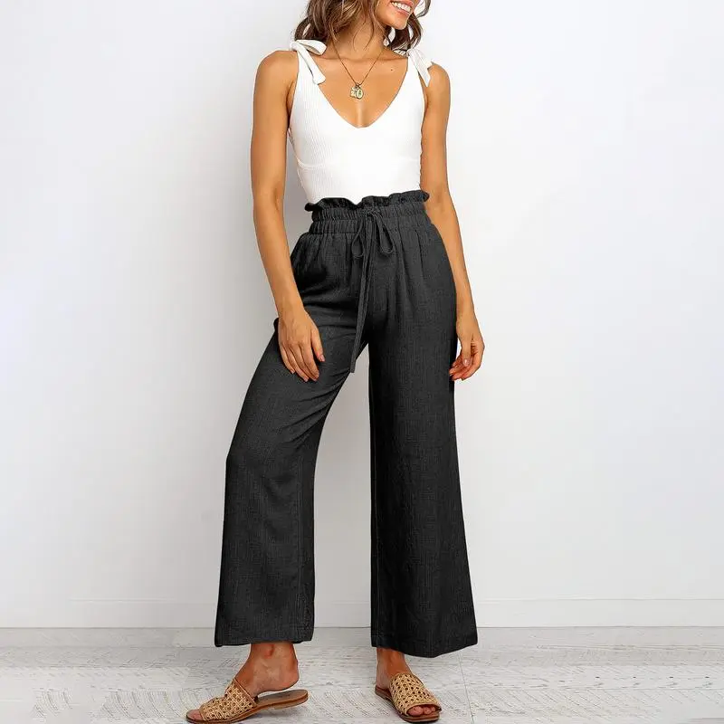 Women's Linen Wide Leg Pants – High Waist Drawstring Trousers with Pockets