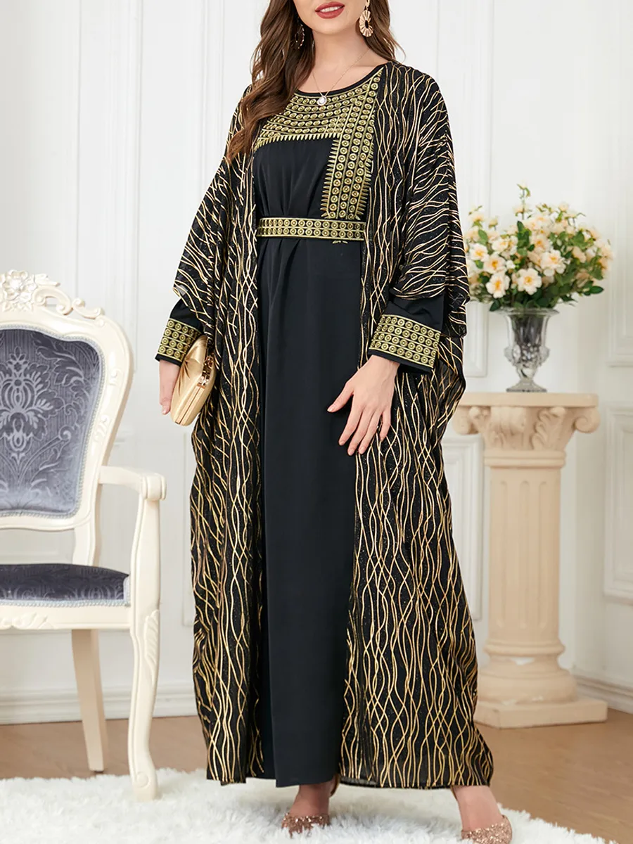 Round neck embroidery and gold stamping long sleeved dress cardigan two-piece set