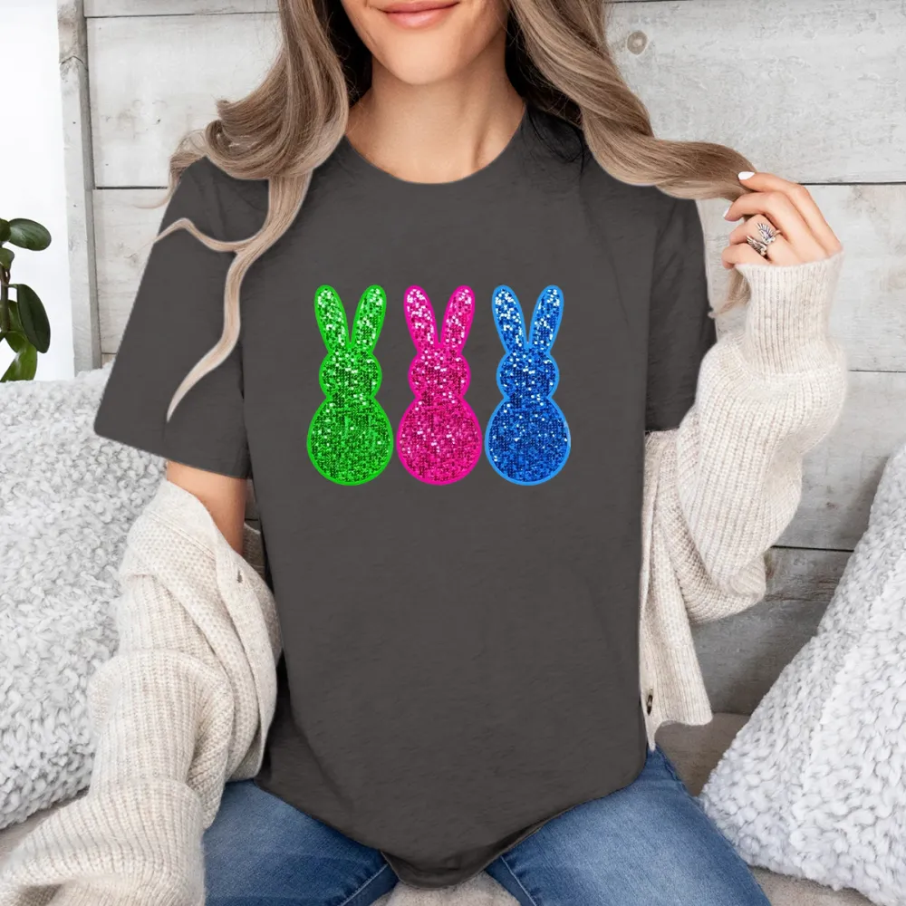 Easter Shiny Bunny Printed Round Neck Short Sleeve T-Shirt
