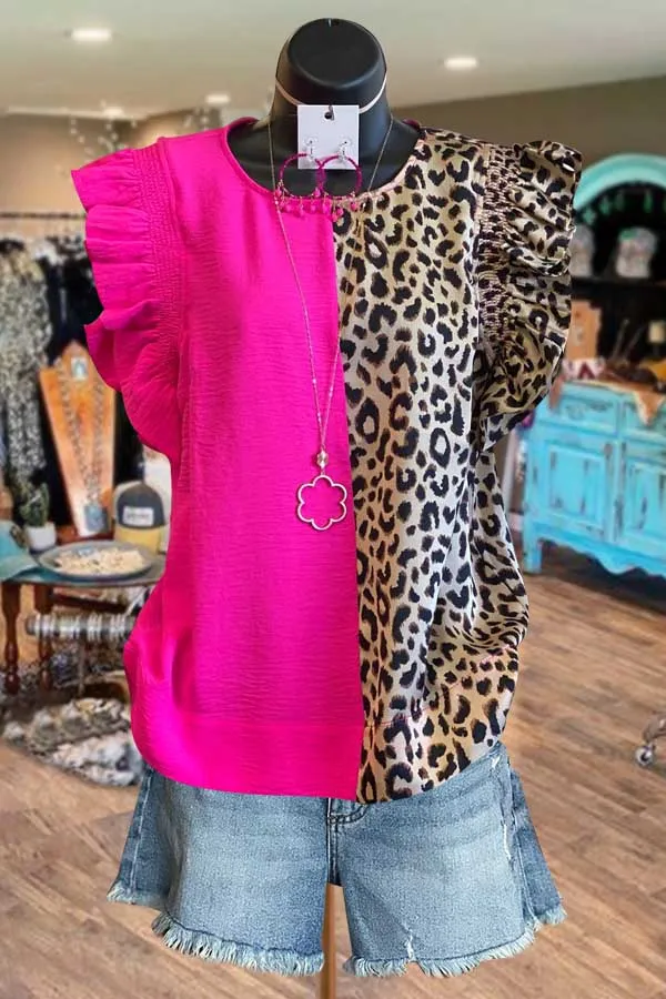 Colorblock Leopard Print Ruffle Top