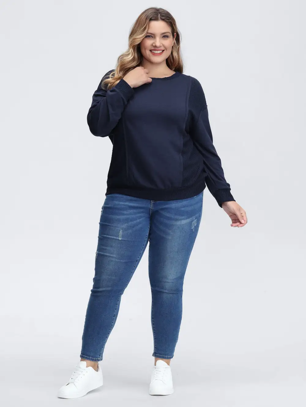 Crew Neck Textured Patchwork Sweatshirt