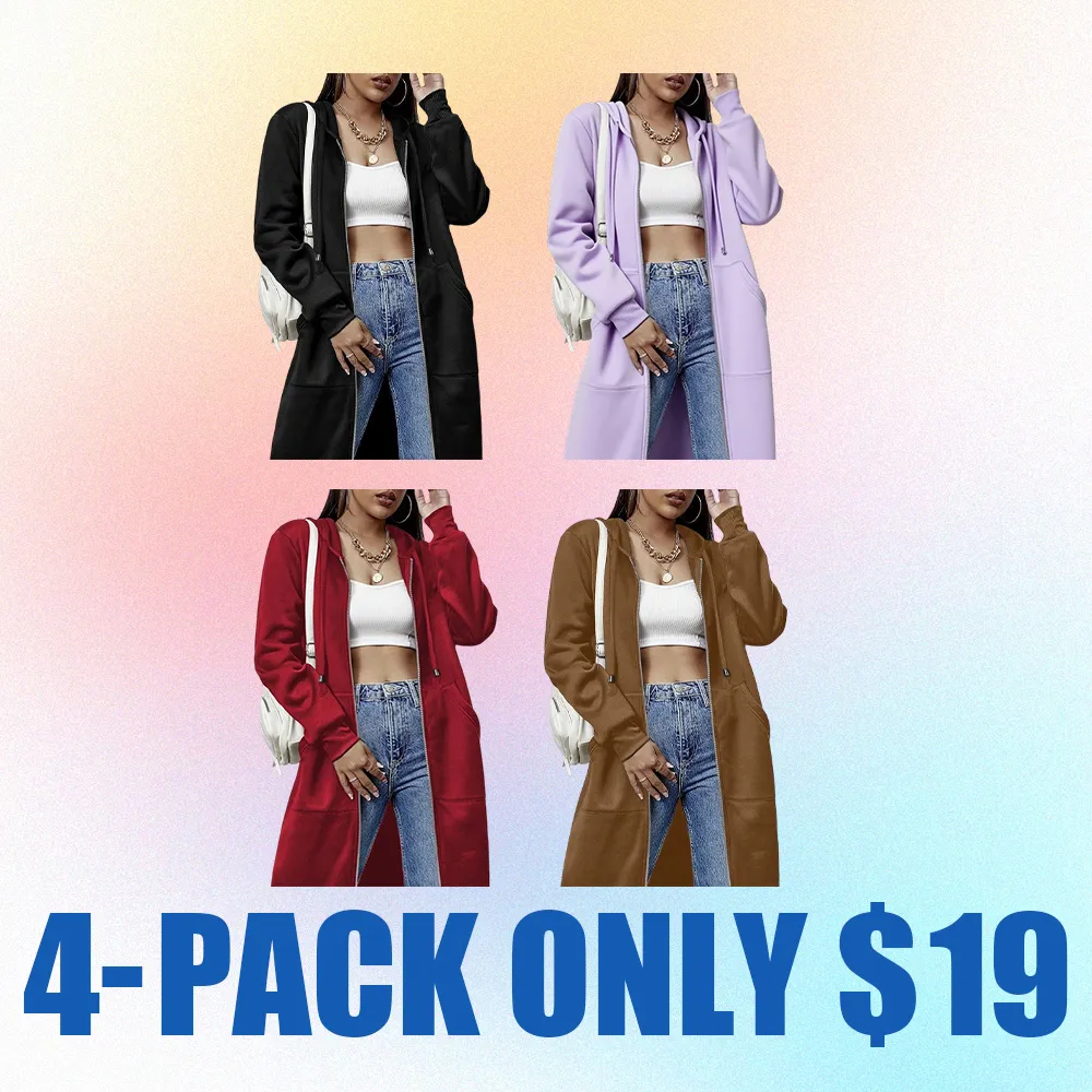 Women’s Casual Long Zip-Up Hoodie – Striped Knit Fleece Sweatshirt Jacket with Cotton Long Sleeves