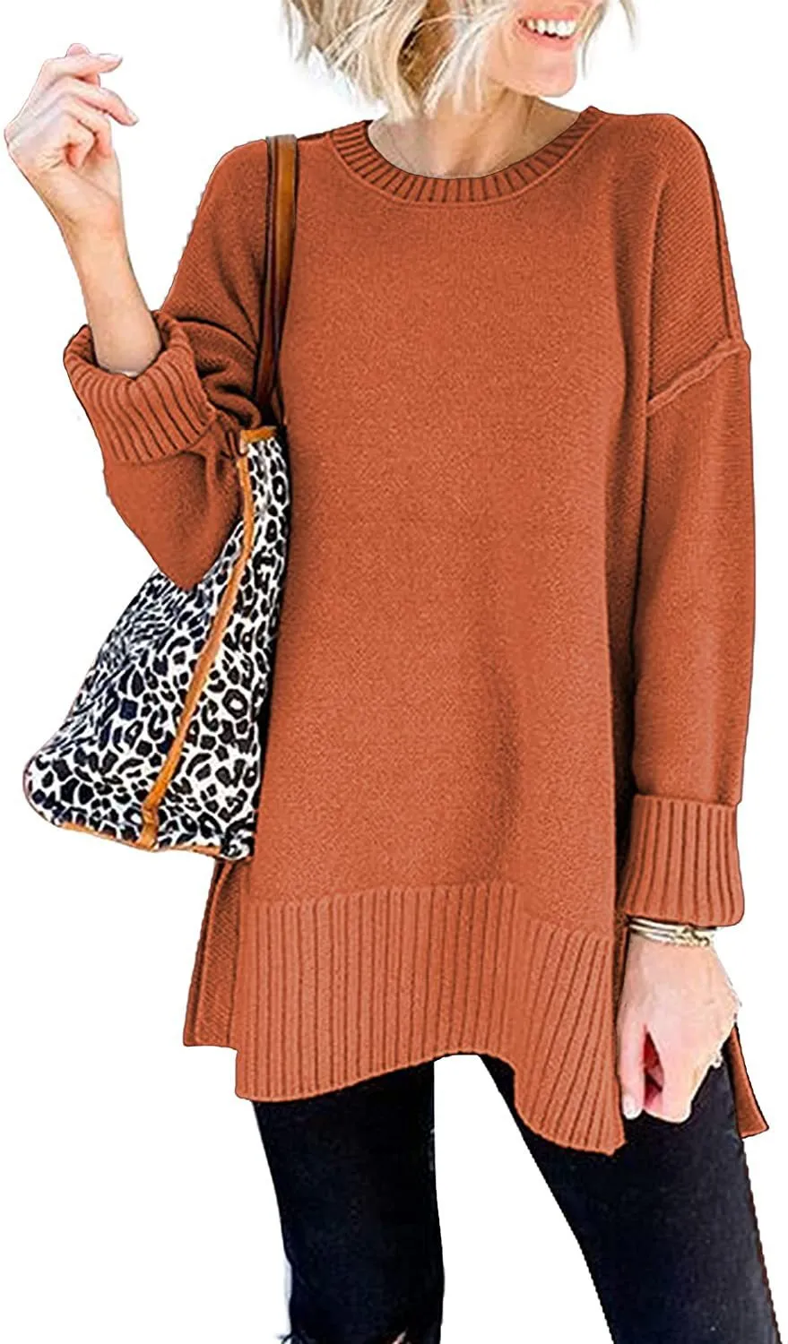 Women With Round Neck Long Sleeves And Slit Sweaters
