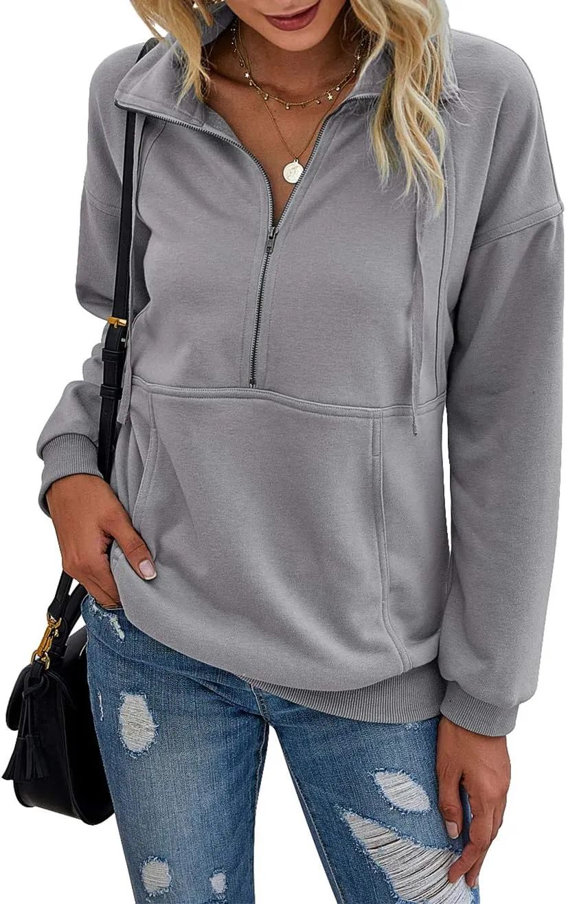 Women's Casual Long Sleeve Lapel Zipper Sweatshirt Drawstring Loose Pullover Tops