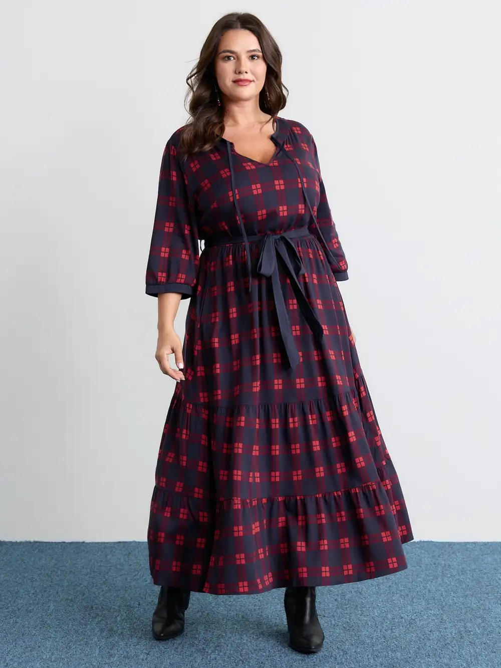 Holiday Plaid Waist-Tie Maxi Dress