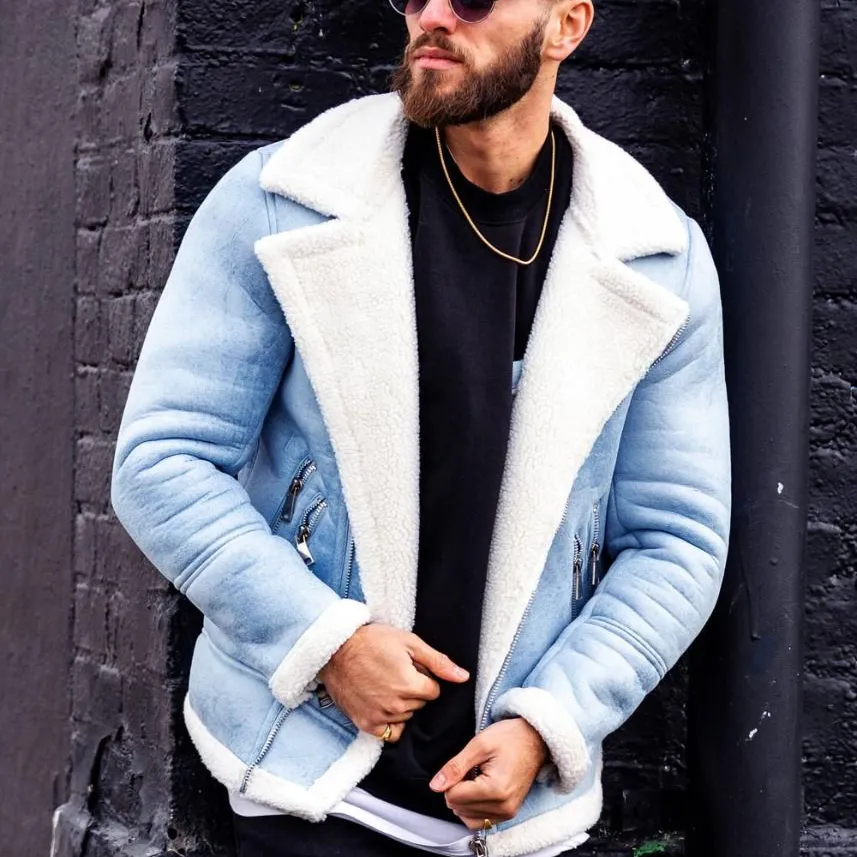 Heavy Cashmere Motorcycle Leather Jacket Light Blue