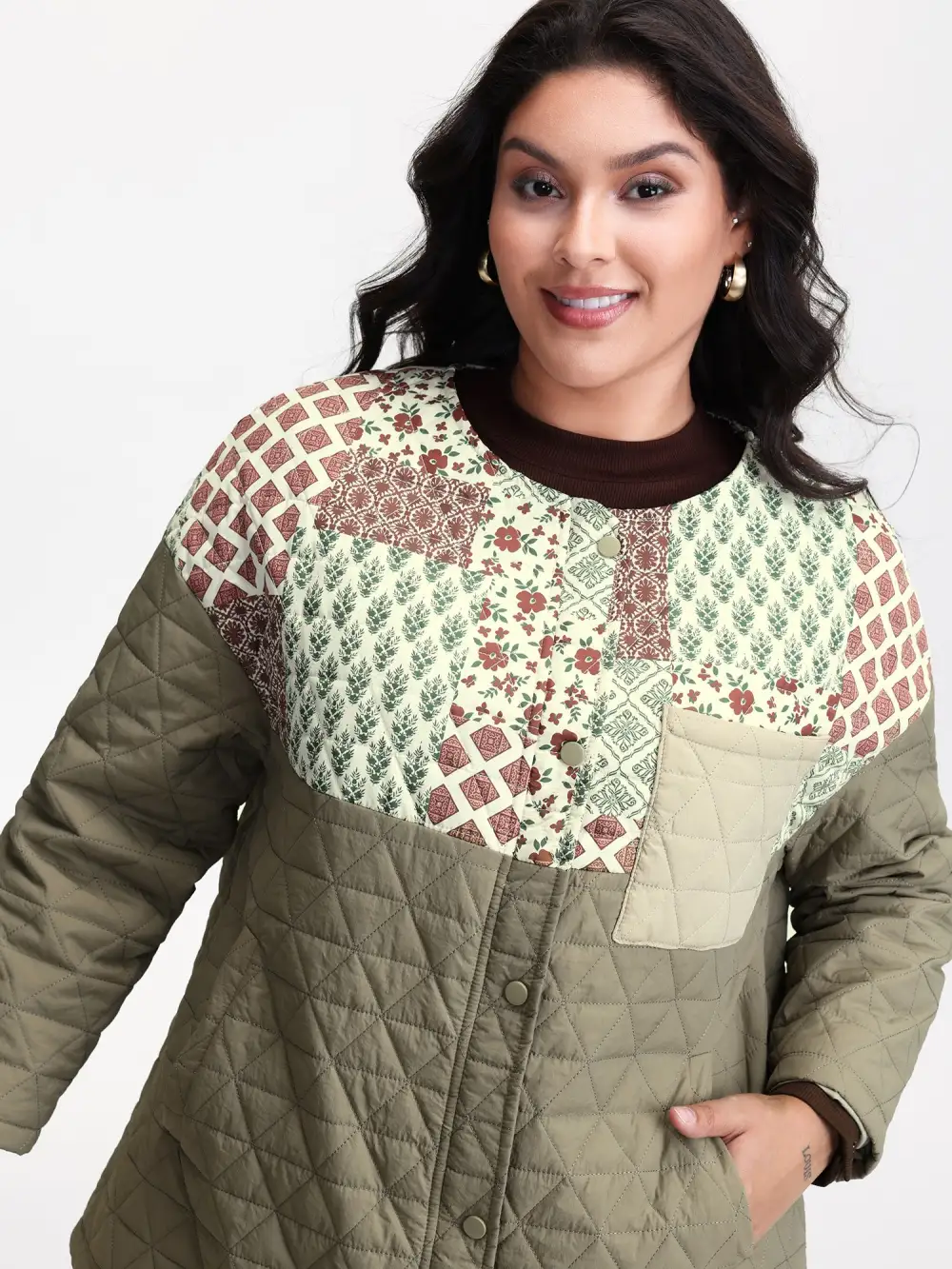 Floral Collage Print Pockets Quilted Jacket