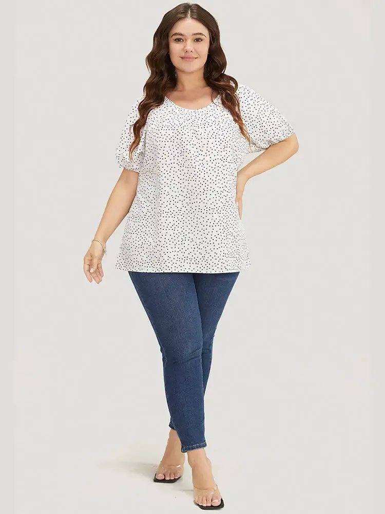 Polka Dot Pleated Round Neck Puff Sleeve Blouse
