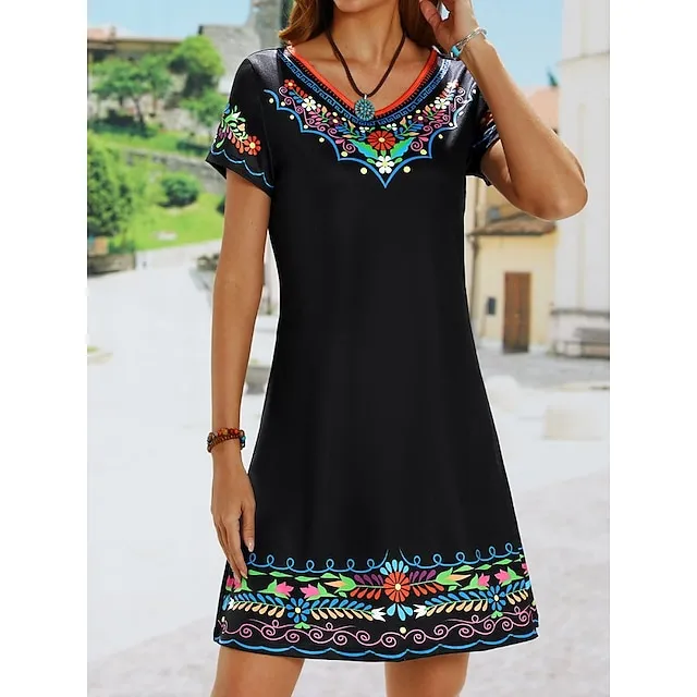 Women's Casual Dress Ethnic Dress Shift Dress Mini Dress Black White Light Green Short Sleeve Floral Print Spring Summer Crew Neck Basic Daily Vacation Loose Fit 2023 S M L XL XXL