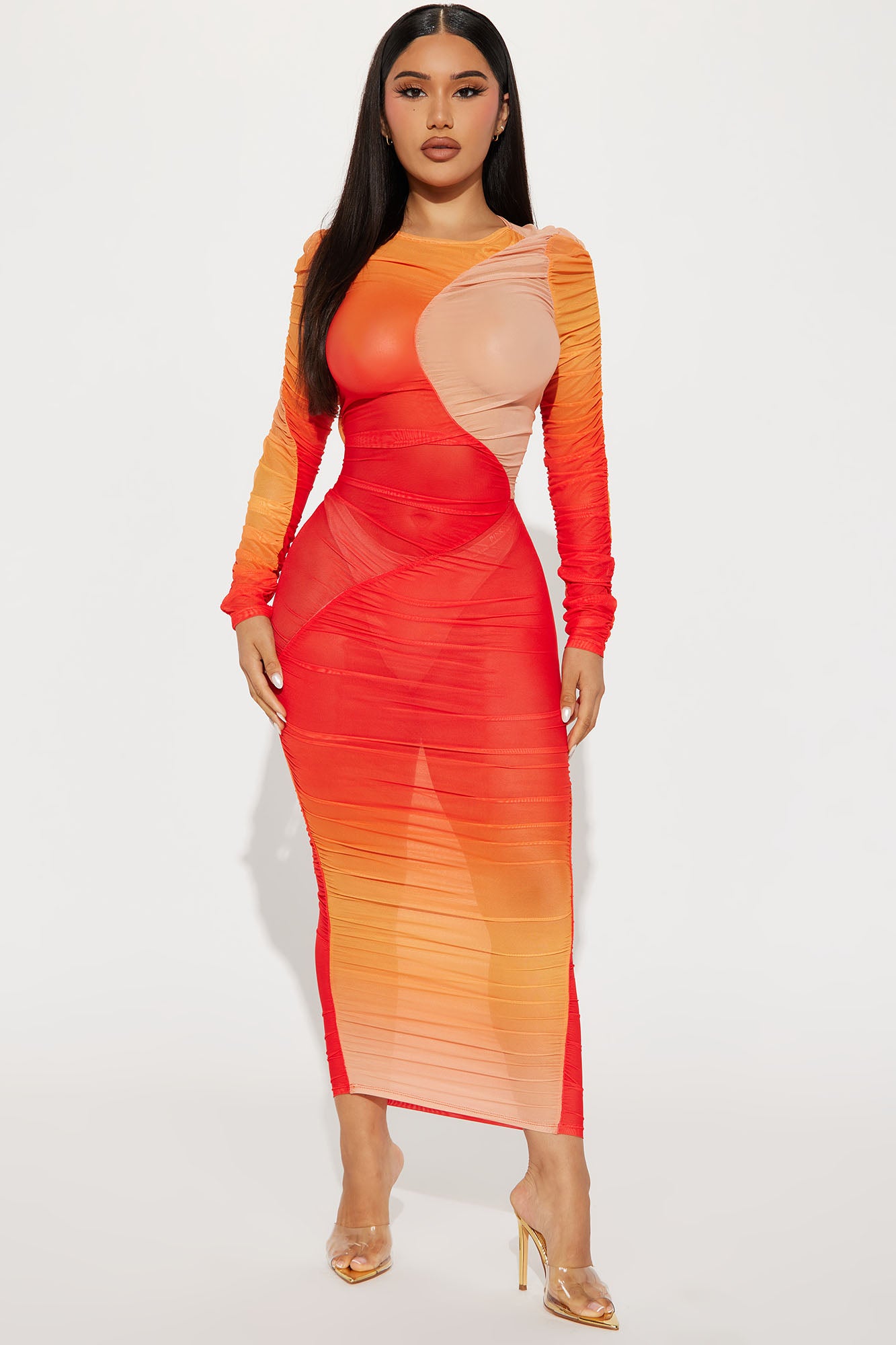 Sunset Views Mesh Midi Dress - Red/combo