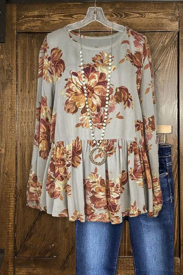 Retro Flower Print Ruffled Pleated Top