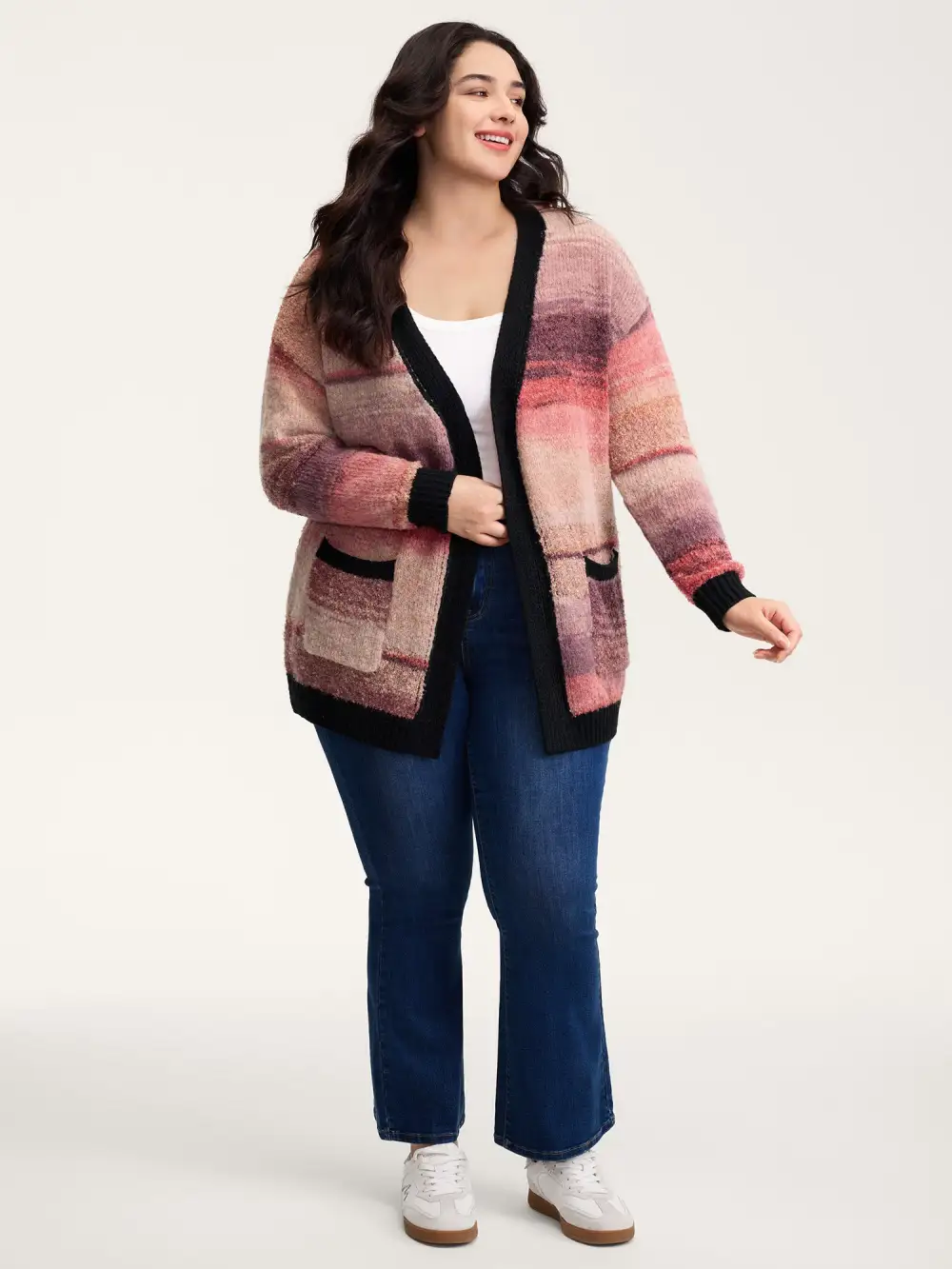 Heather Pockets Contrast Open-Front Cardigan