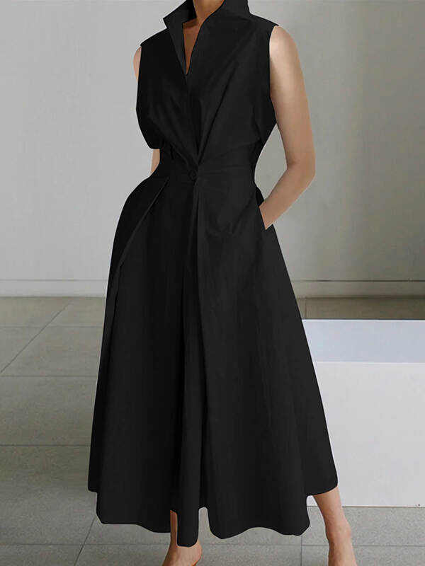 Sleeveless Solid Color Lapel Midi Dresses😊