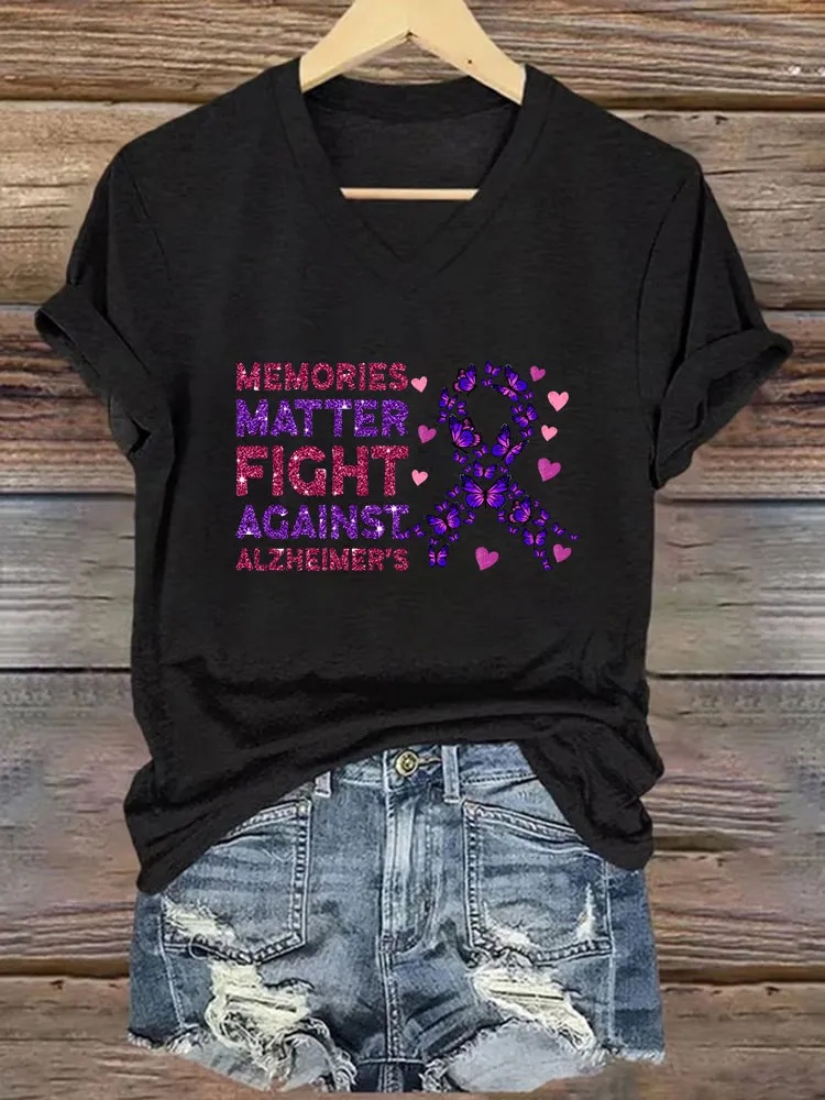 Women's Alzheimer's Print Casual V-Neck T-Shirt