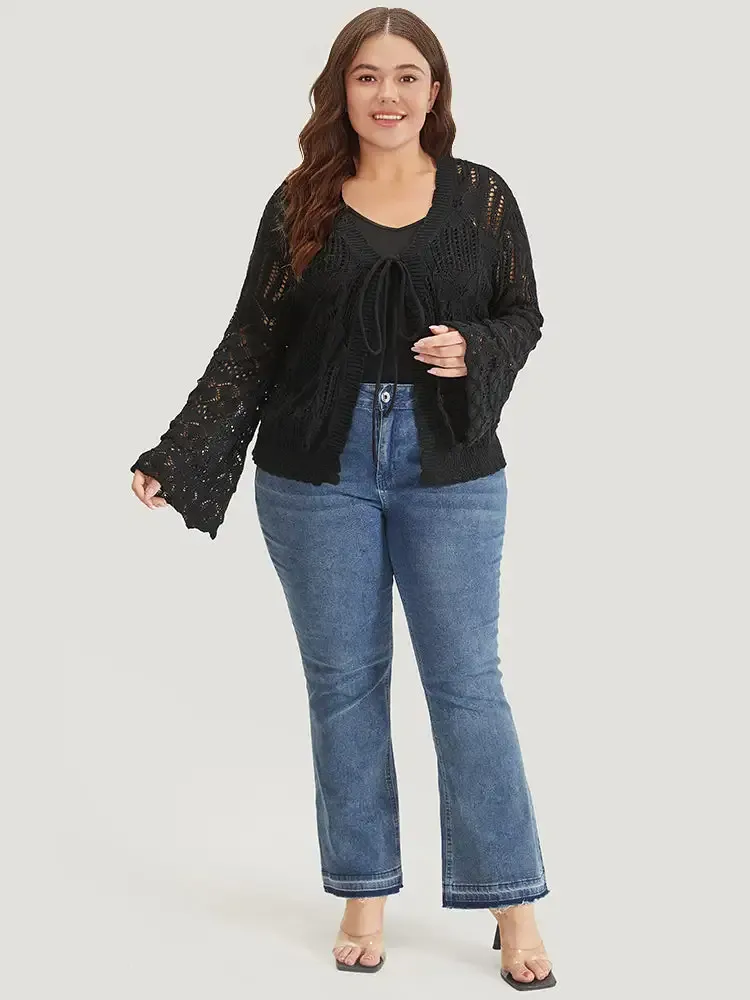 Hollow Out Bell Sleeve Tie Front Cardigan