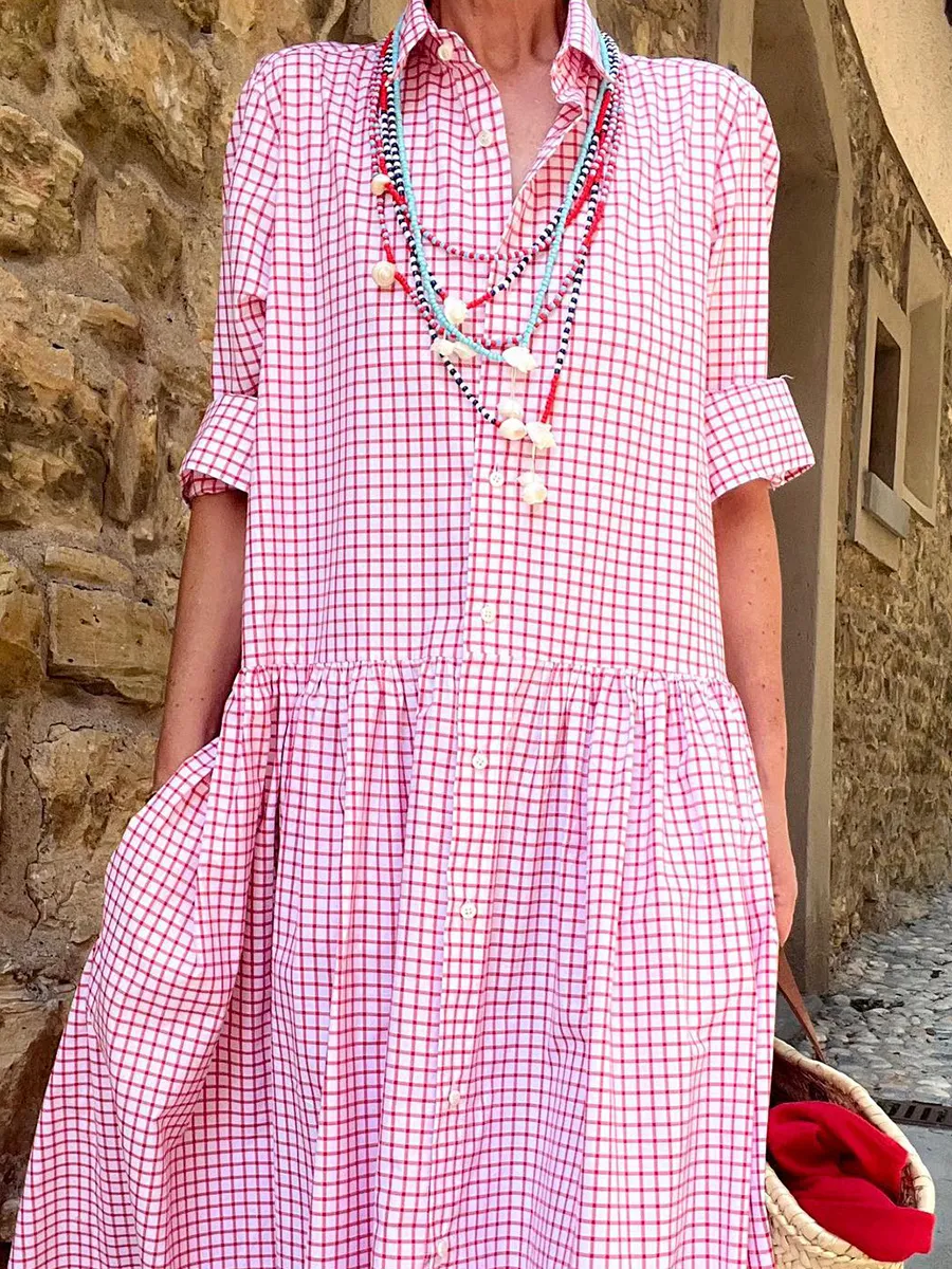 Women's Plaid Print Shirt Maxi Dress