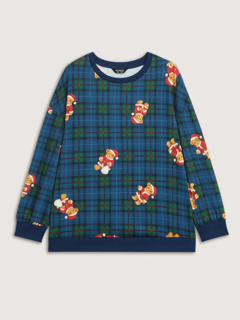 Holiday Bear Plaid Round Neck Sweatshirt