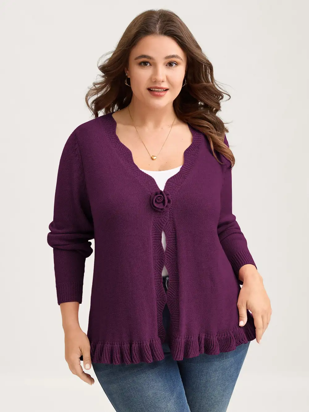 Supersoft Textured Floral Button Ruffled Hem Knit Cardigan