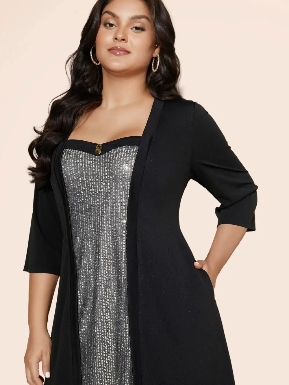 Heart Neckline Patchwork Sequin Button Detail Dress