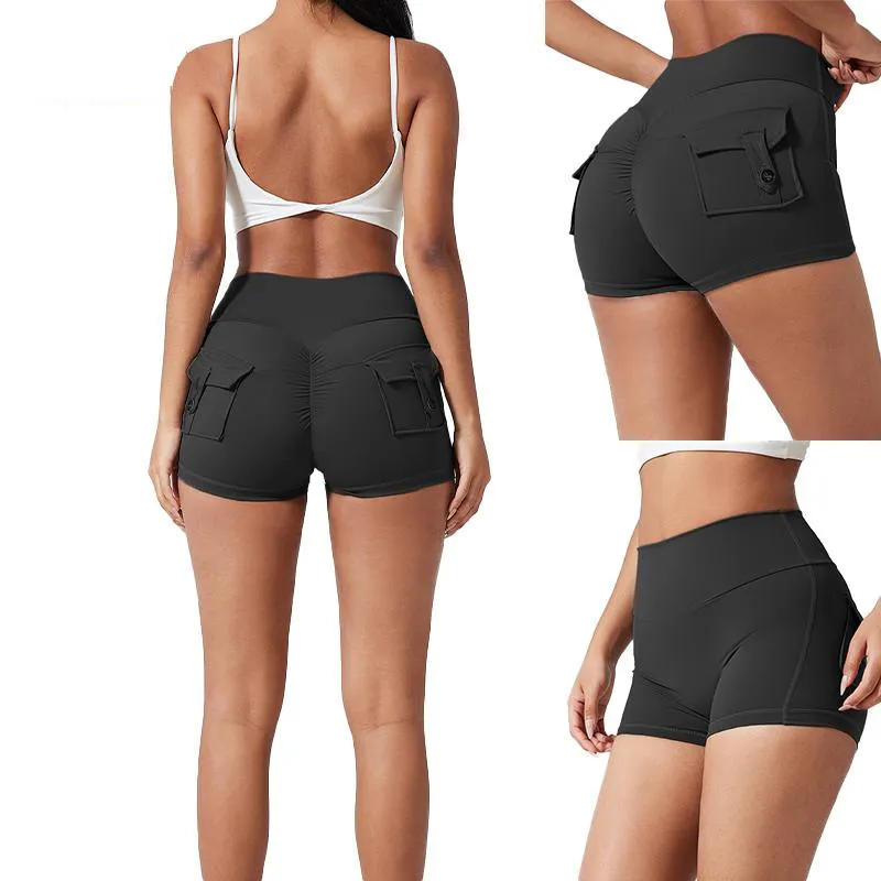 Women's All-Season High Waist Ruched Skinny Sports Shorts , Cool Breathable Solid Button Pocket , Yoga Gym Daily Errands Summer-Ready