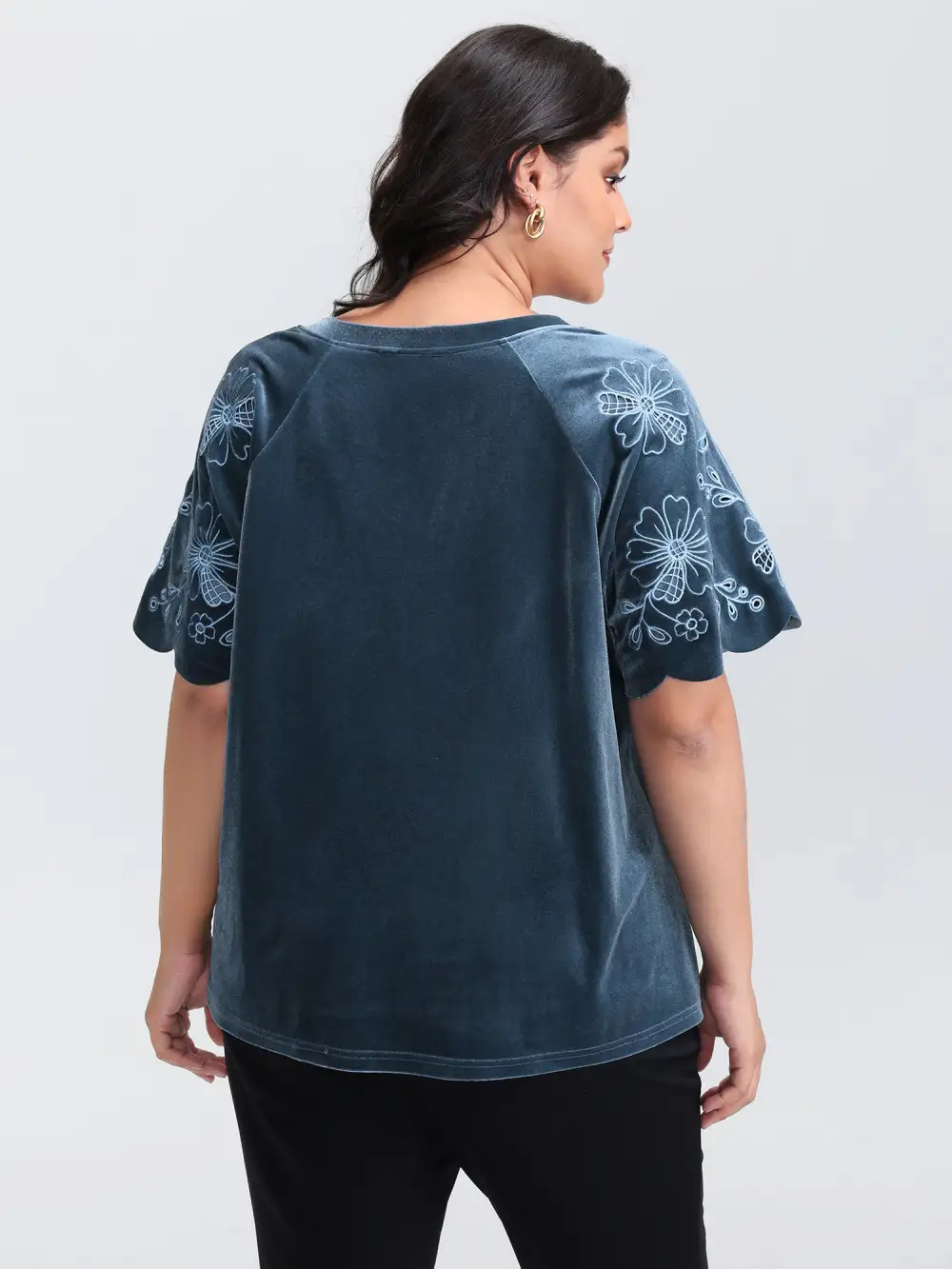 Velvet Embroidered Mesh Sleeve Stretchy Blouse