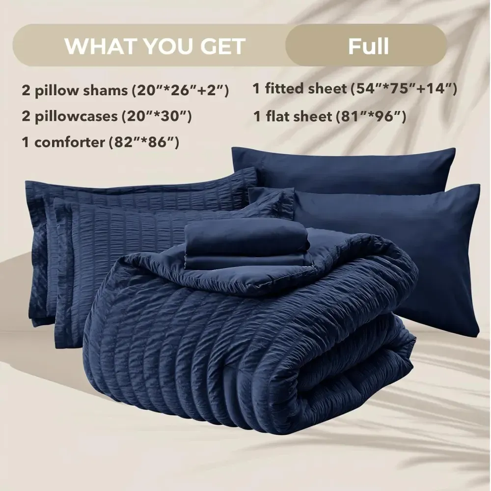 Queen Comforter Set Seersucker 7 Pieces, All Season Luxury Bed in a Bag for Bedroom, Bedding Set with Comforters, Sheets, Pillowcases & Shams, Dark Grey