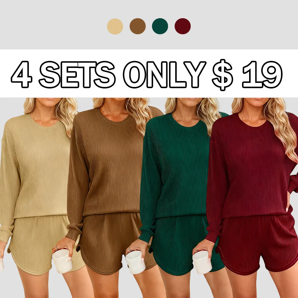 Women’s Ribbed Pajama Sets Long Sleeve Top and Shorts