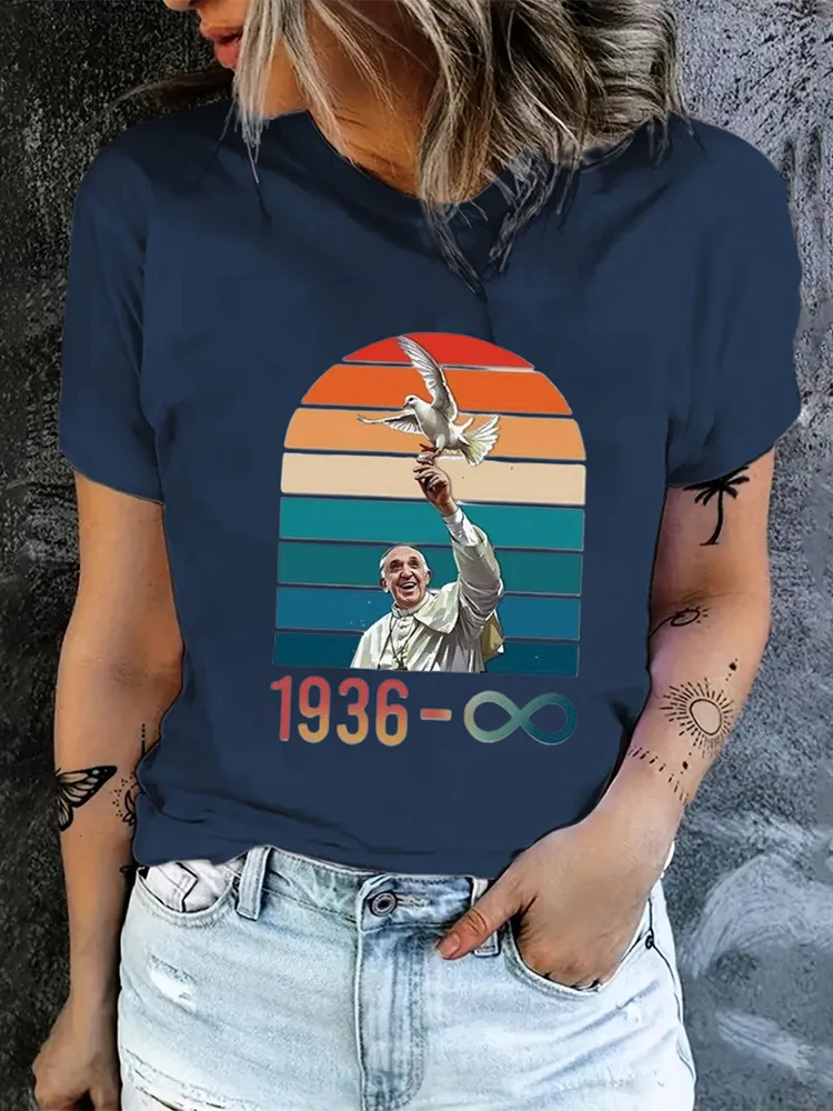 Women's 1936-2025 Print Short Sleeve Round Neck Cotton T-Shirt