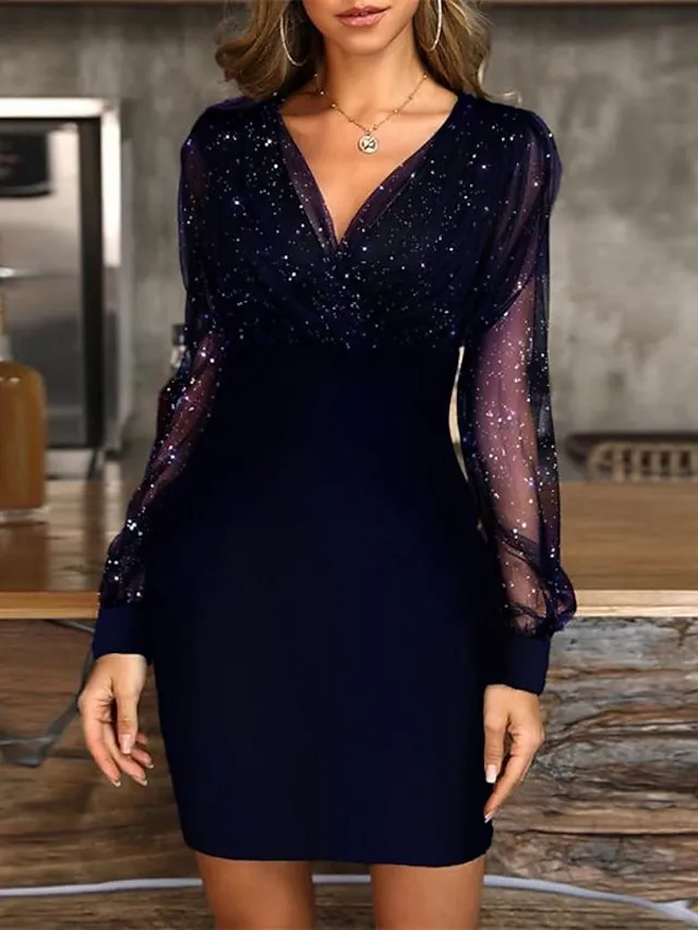 Women‘s Little Black Dress Sexy Dress Party Dress Homecoming Dress Sheath Dress Mini Dress Wine Purple Long Sleeve Mesh Dress Spring Fall Winter V Neck Fashion Party Wedding Guest