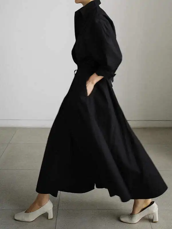 Original Solid Color Lapel Long Sleeves Midi Dress