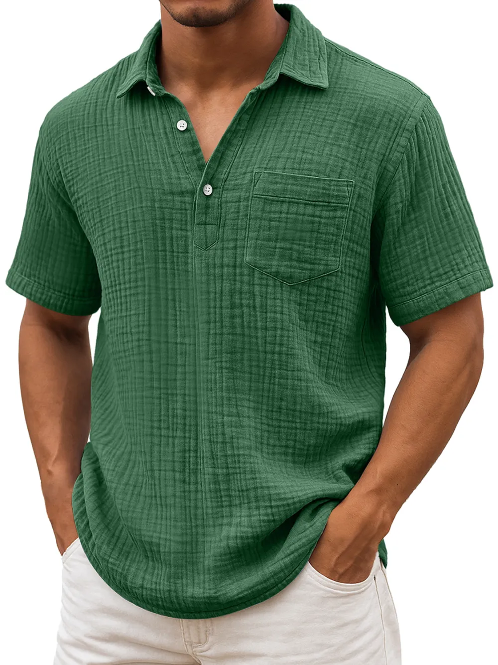 Men's Daily Pleated Texture Lapel Casual Pocket Comfortable Short Sleeve POLO Shirt