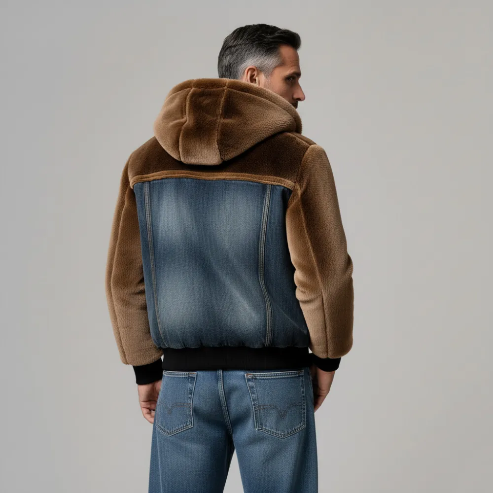 Men's Brown And Blue Denim Patchwork Artificial Shearling Long Sleeve Hooded Zip-Up Jacket