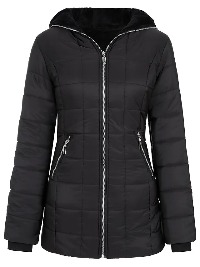 Women's Puffer Jacket Long Full Zip Pocket Button Coat Black Yellow Silver Red Casual Street Fall Zipper Hoodie Loose S M L XL XXL / Daily / Warm / Breathable / Solid Color / Lined