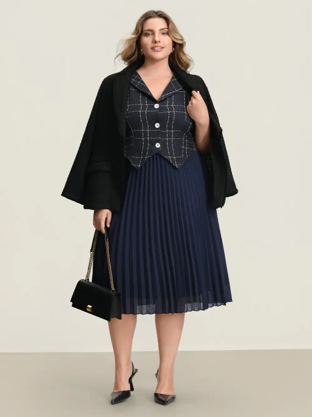Plaid Pleated Skirt Contrast Vest Midi Dress