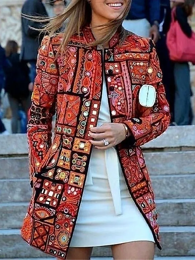 Women's Casual Jacket Outdoor clothing Pocket Floral Comfortable Patterned Loose Fit Outerwear Long Sleeve Fall Red Casual Fashion Street