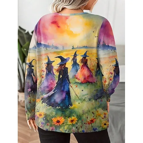 Women's Halloween Sweatshirt Pullover Witch Halloween Print Yellow Casual Crew Neck Long Sleeve Top Micro-elastic Spring Fall & Winter