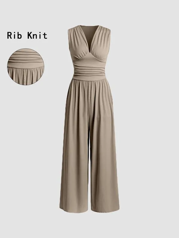 Women's Sleeveless Ruched V-Neck Ribbed Jumpsuit – Minimalist Wide-Leg One-Piece